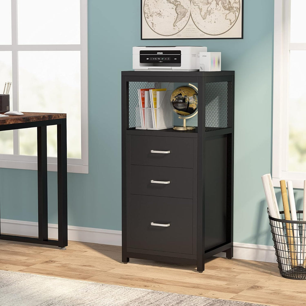 Black 3 Drawer Vertical File Cabinet with Metal Wire Storage Shelves G779015