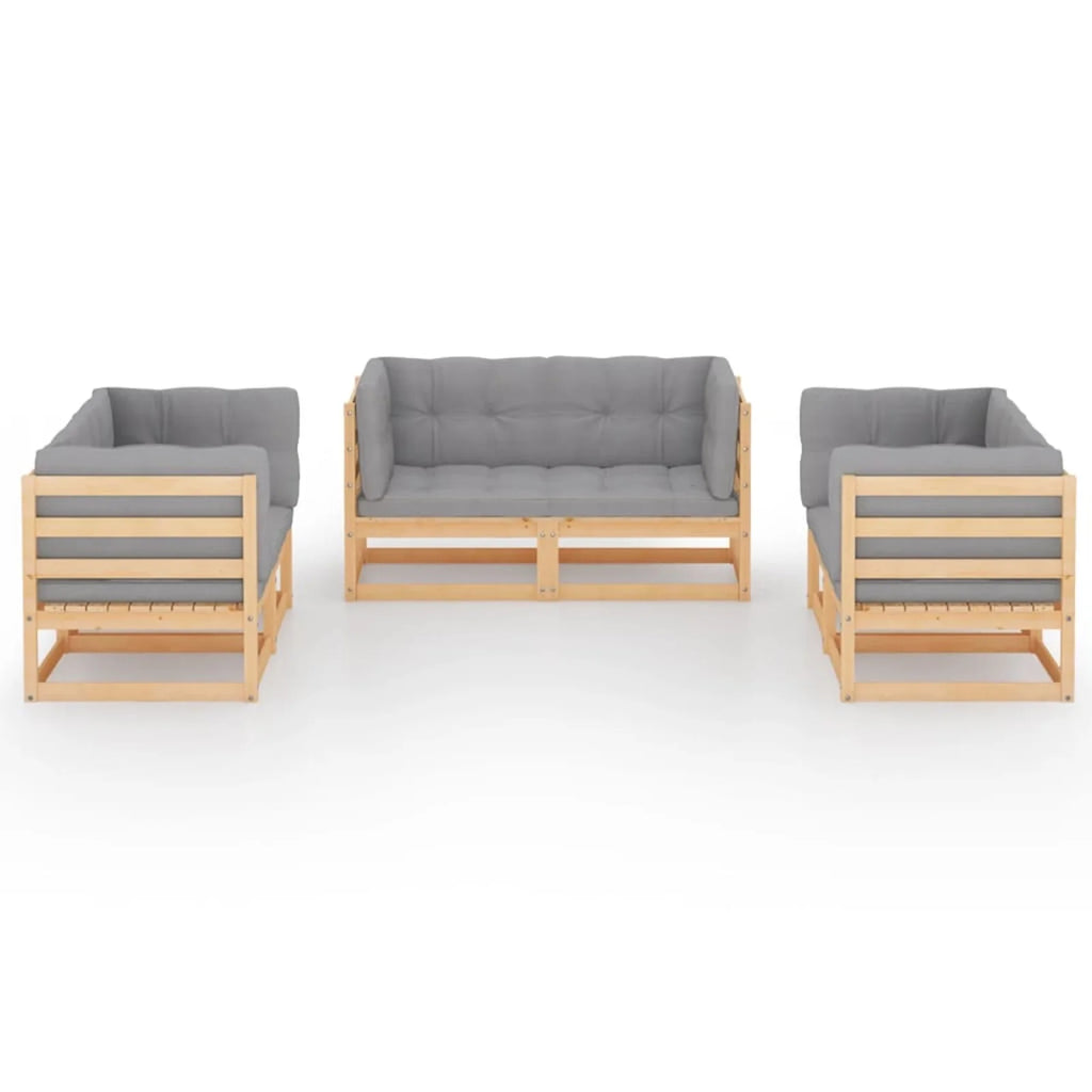 6 Piece Gray Cushioned Pinewood Outdoor Sectional Sofa Set R671