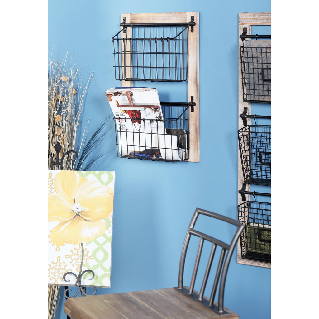Black Metal 2 Slots Magazine Rack Holder with Suspended Baskets Q157