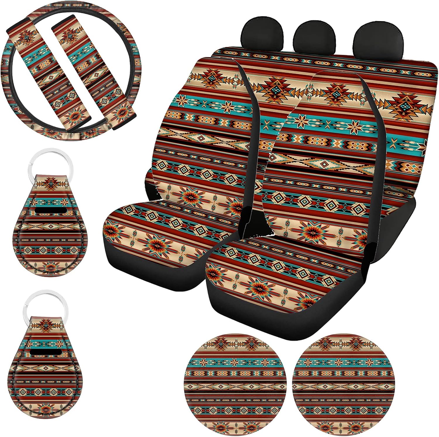 11 Pack Southwestern Car Seat Covers Full Set with Steering Wheel Cover, Seatbelt Covers, Cup Coasters Holder, Keychain Accessories F82219
