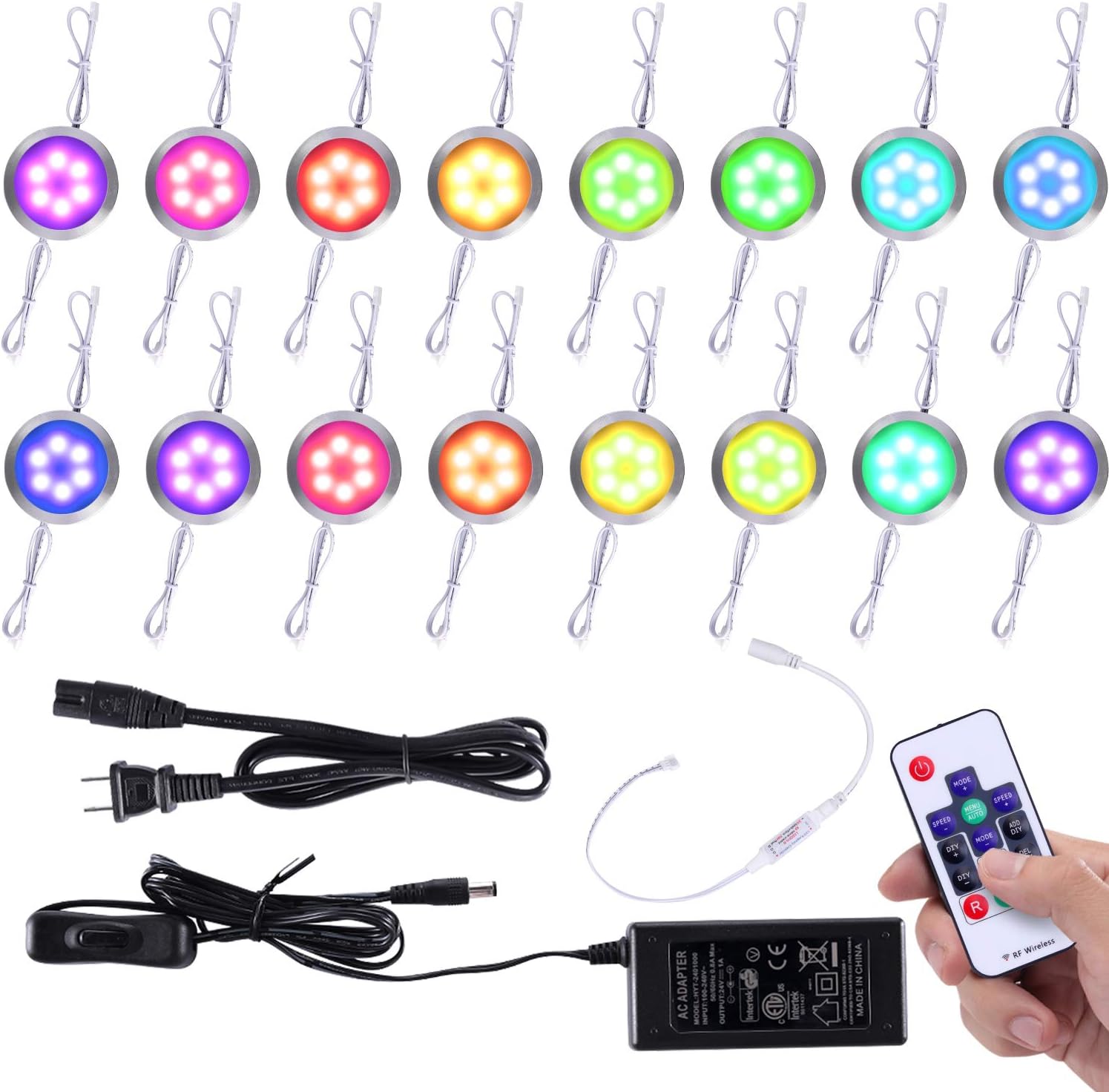 16 Pack Linkable Dimmable RGB Under Cabinet Puck Lights Kit with Remote Control J67061