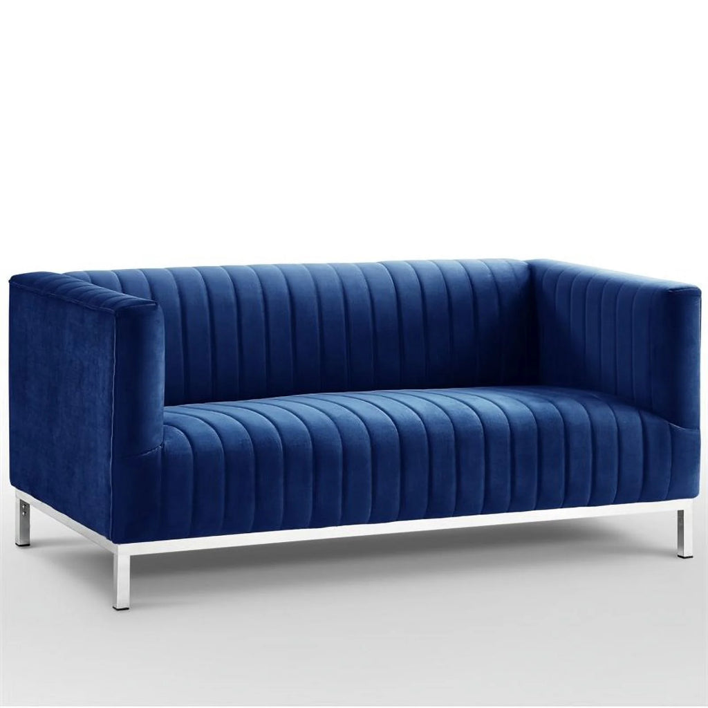 Navy Blue Velvet Loveseat with Chrome Base V10671