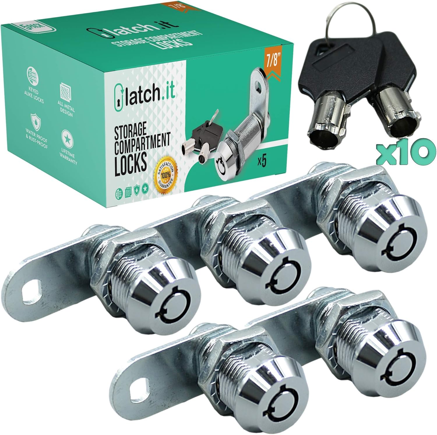 7/8” RV Storage Locks 5-Pack 100% Metal Utility Cam Lock with 10 Keys E7210