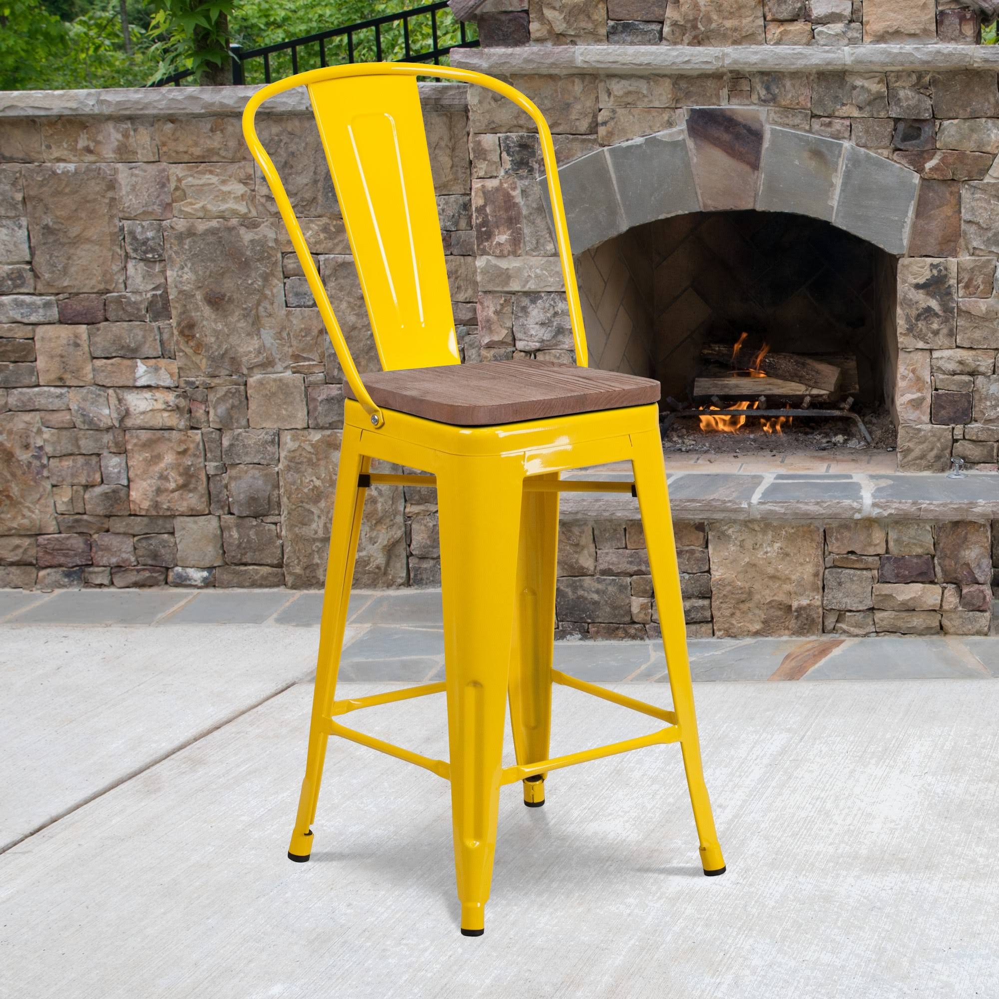 Yellow Metal Counter Height Stool with Wood Seat U973