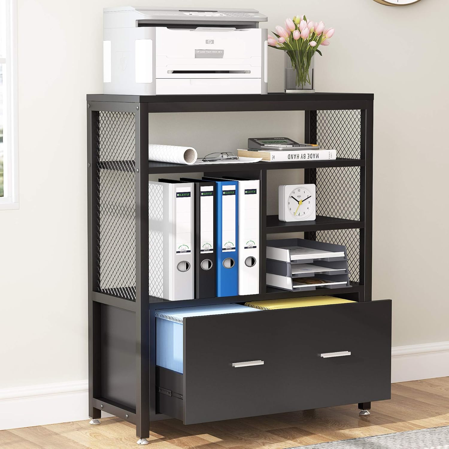White Wood Lateral File Cabinet with Drawer and Metal Wire Open Storage Shelves S4329