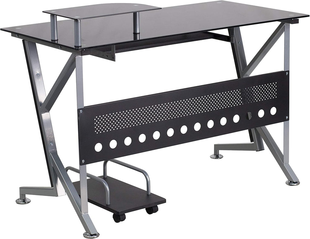 Black Glass Computer Desk with Keyboard Tray and CPU Cart R603532