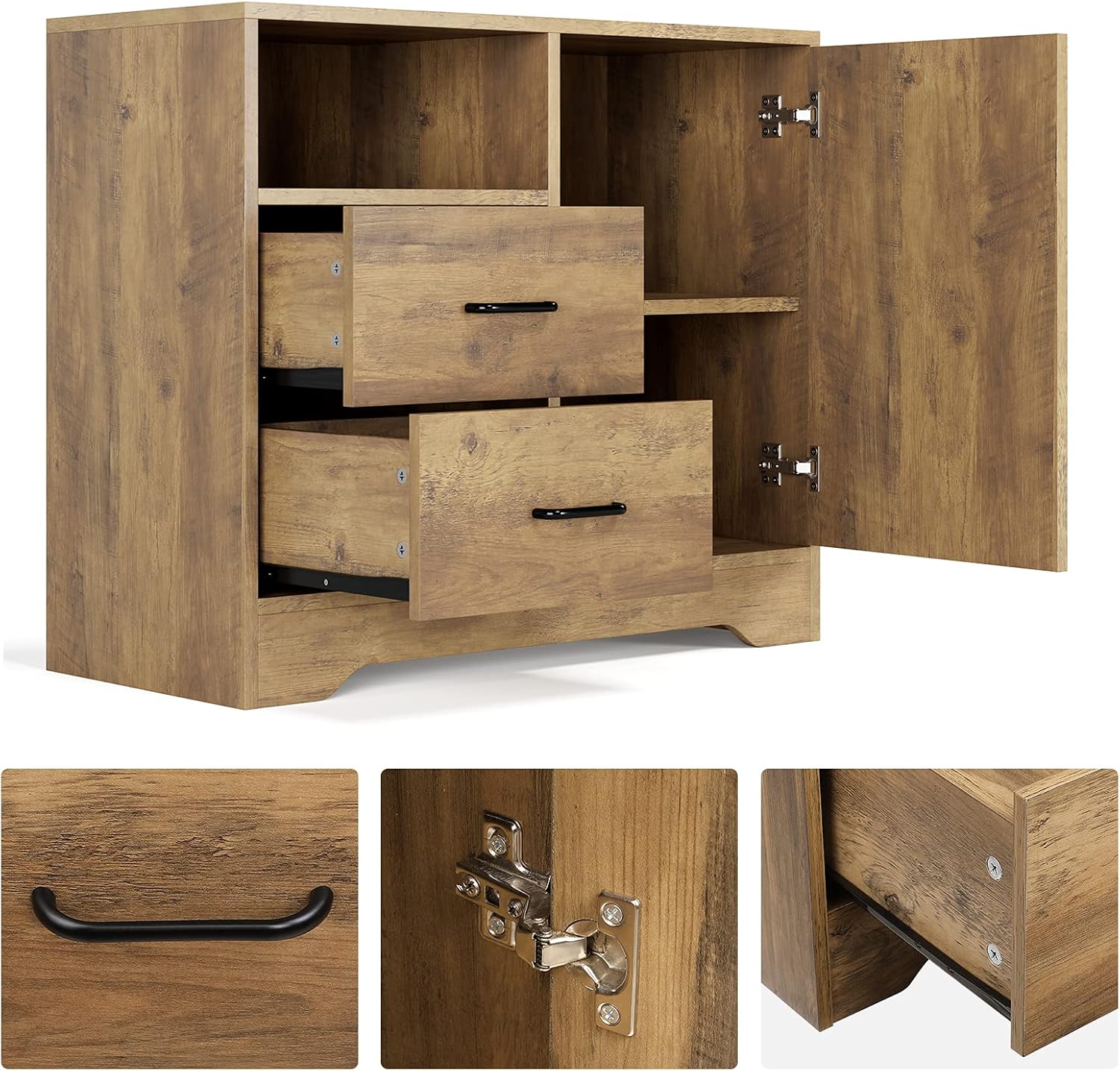 Rustic Brown 2 Drawer Wooden Storage Cabinet with Door and Adjustable Shelves N847