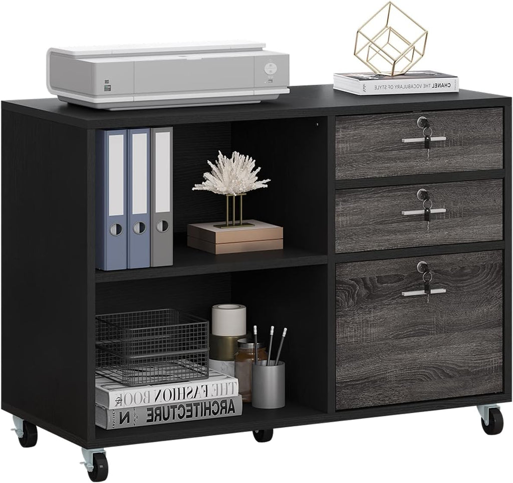 Black 3 Drawer Wood Lateral File Cabinet with 2 Open Shelves I876707