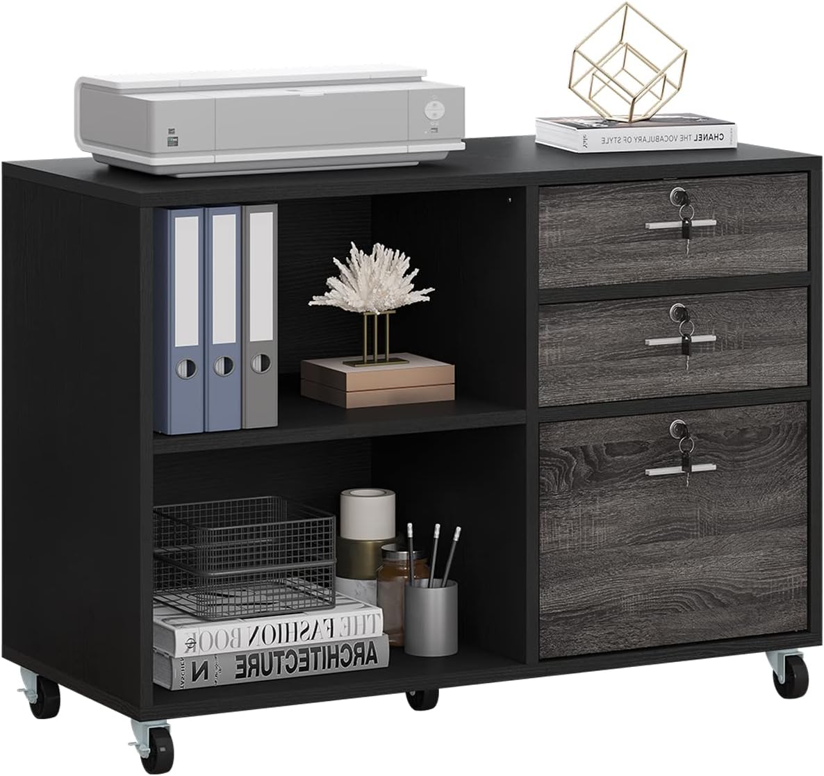 Black 3 Drawer Wood Lateral File Cabinet with 2 Open Shelves I876707
