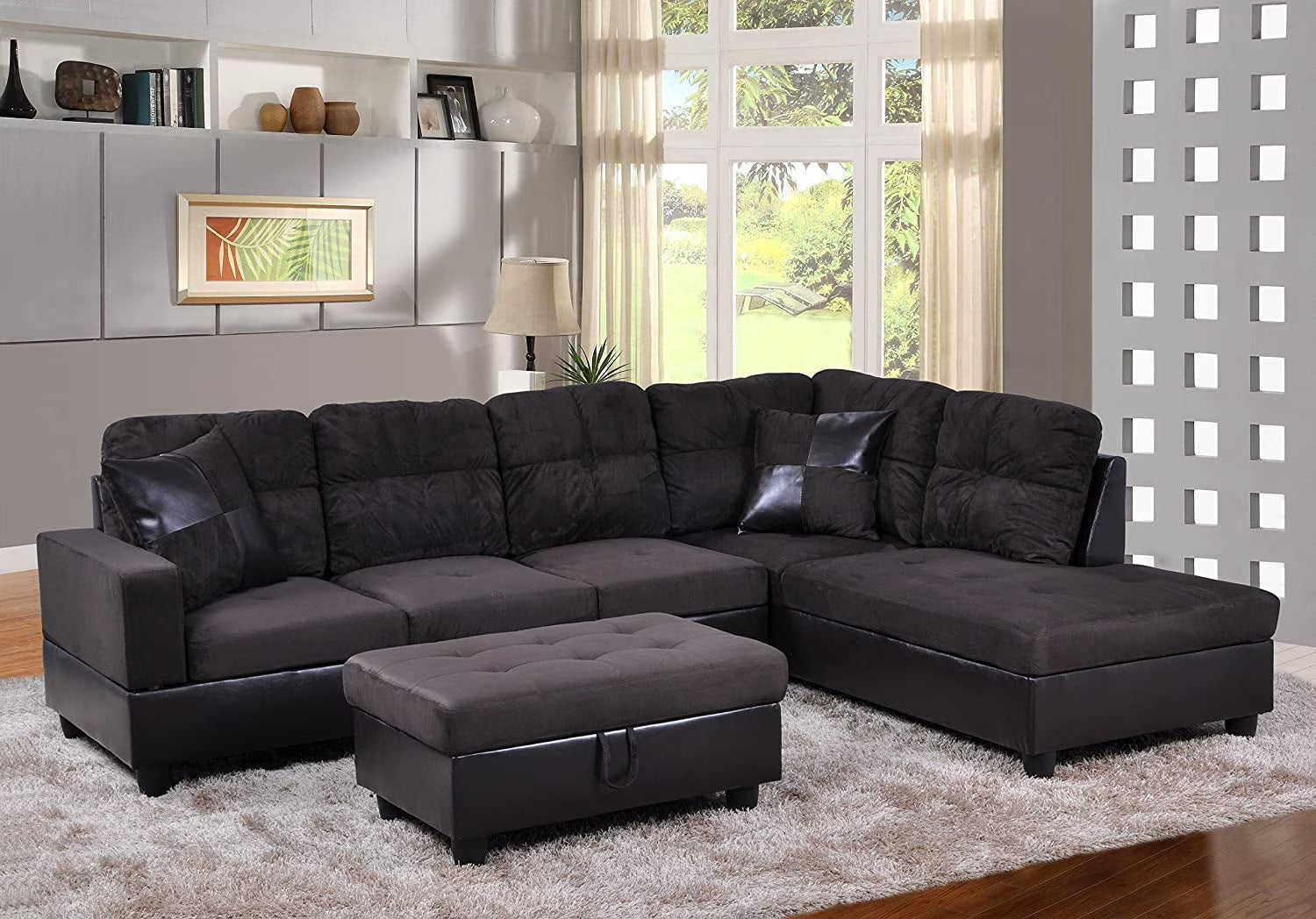 Microfiber with Faux Leather Sofa Set with Ottoman T39511