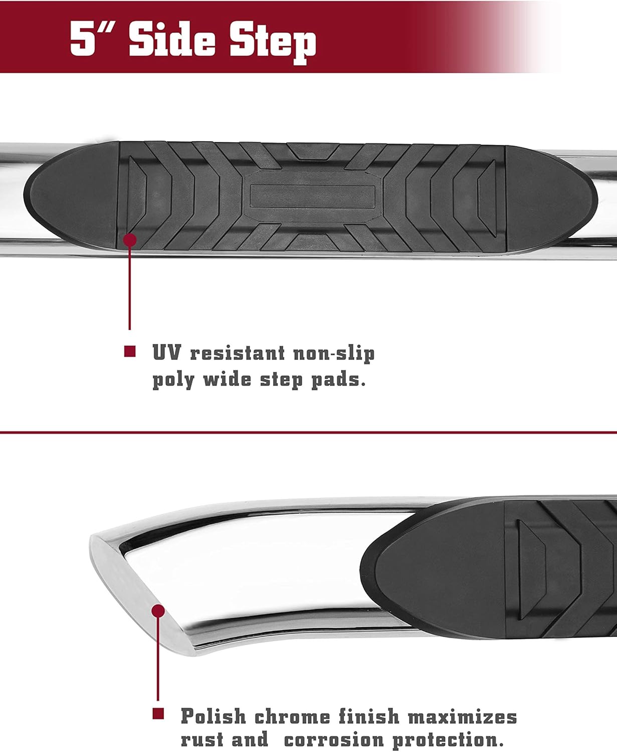 5 Oval Bend Stainless Steel Side Bars Step Rails for 2019-2022 Ford Ranger SuperCrew Cab (2 pcs) B86898