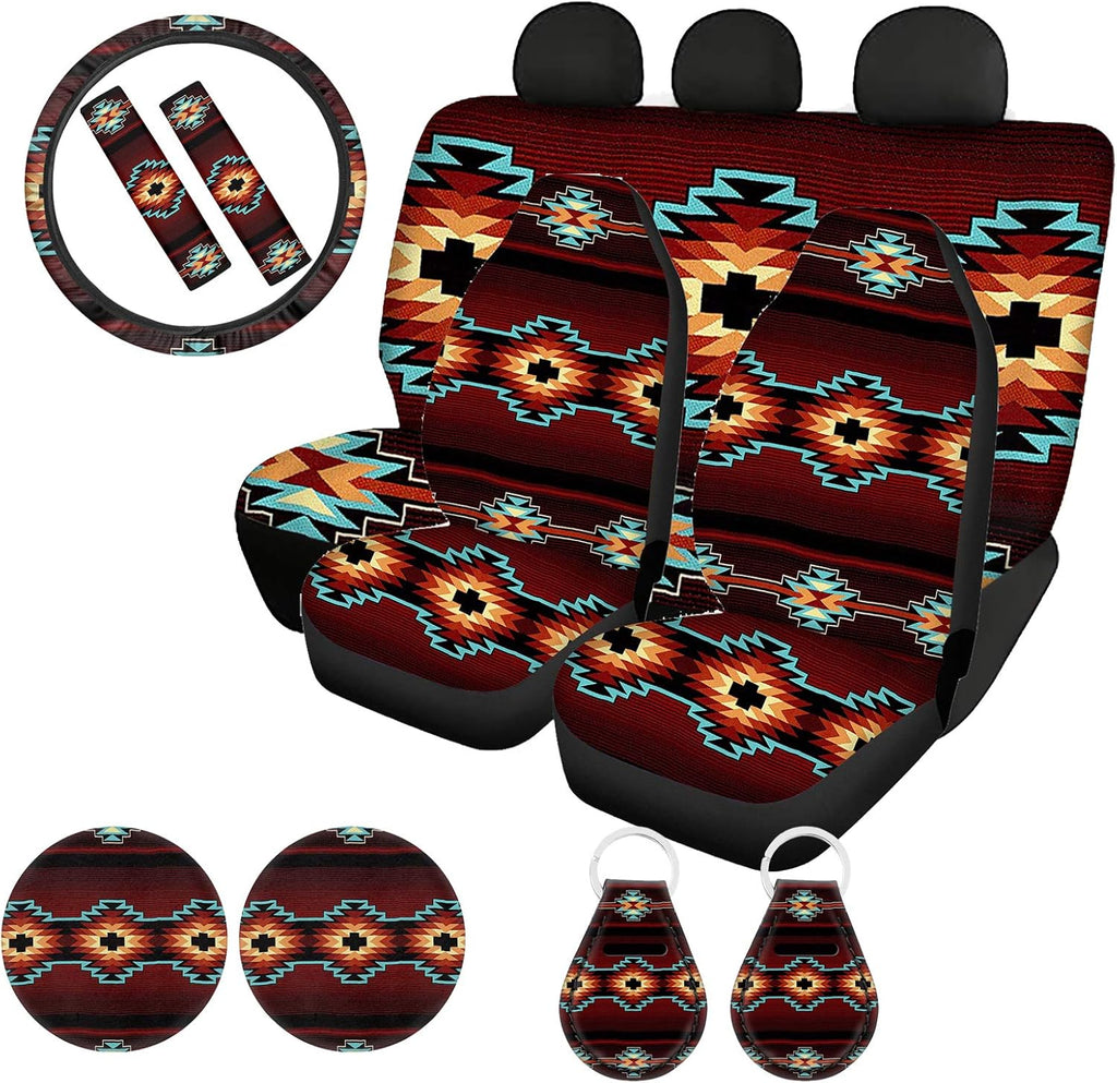 11 Pack Southwestern Car Seat Covers Full Set with Steering Wheel Cover, Seatbelt Covers, Cup Coasters Holder, Keychain Accessories F82219