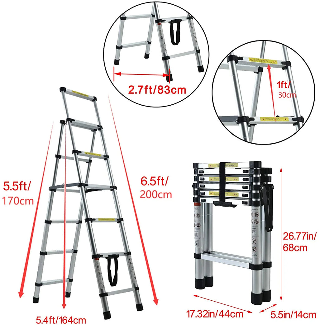 Telescopic Step Ladder Aluminium Heavy Duty 150KG Capacity Folding Anti-Slip Stepladder D949