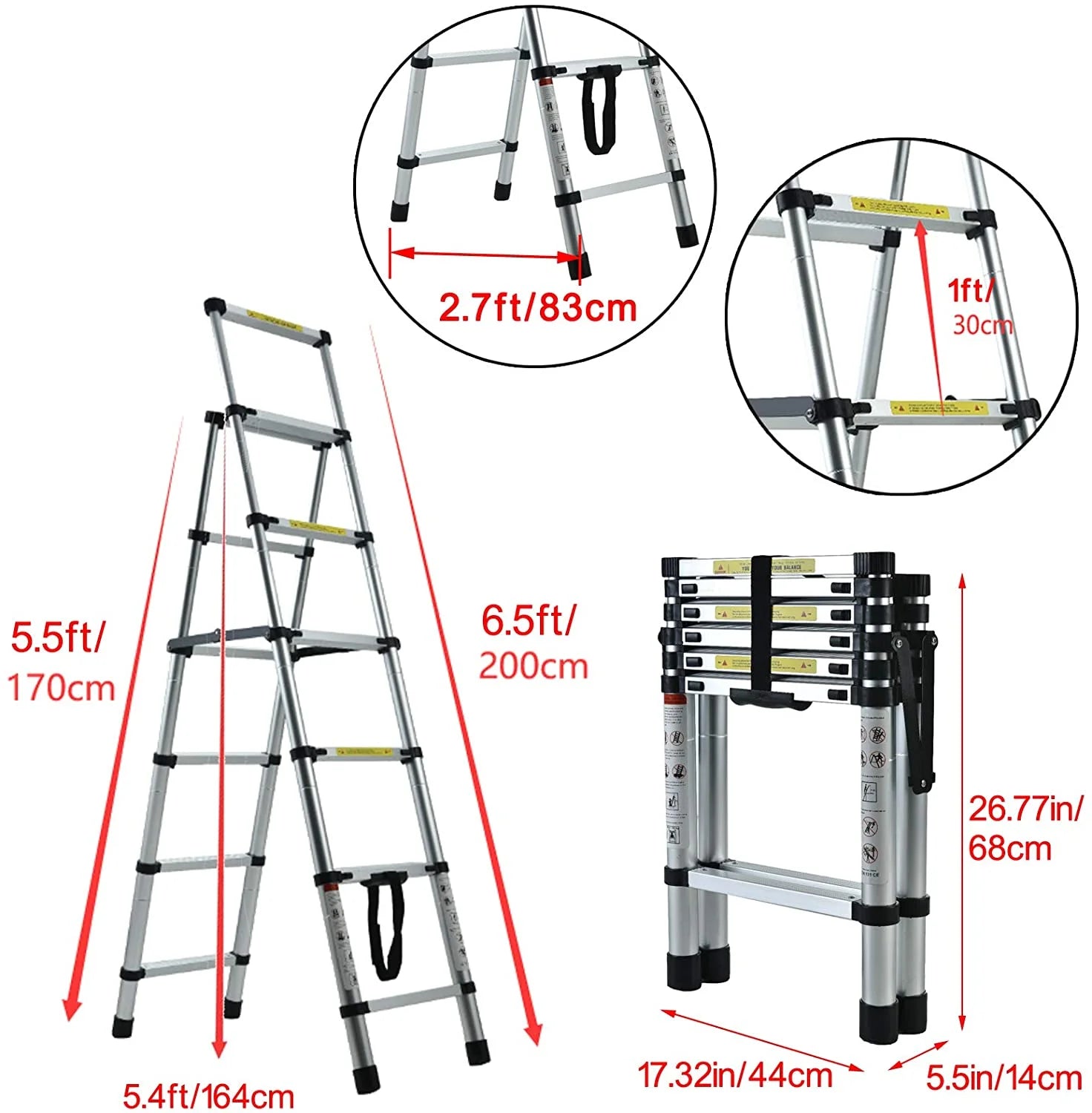 Telescopic Step Ladder Aluminium Heavy Duty 150KG Capacity Folding Anti-Slip Stepladder D949