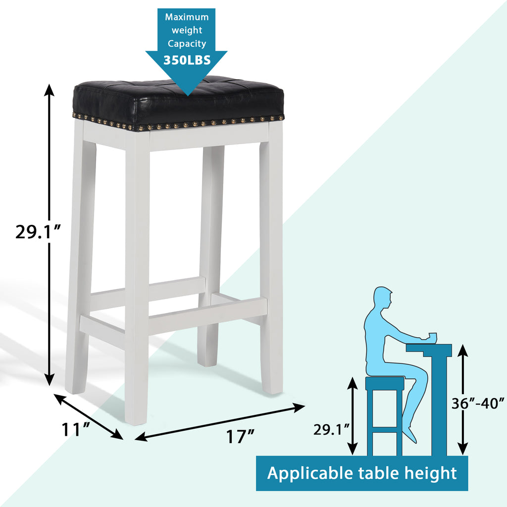 White 29 Inch PU Leather Bar Stools Set of 2 Solid Wooden Saddle Stool D75277
