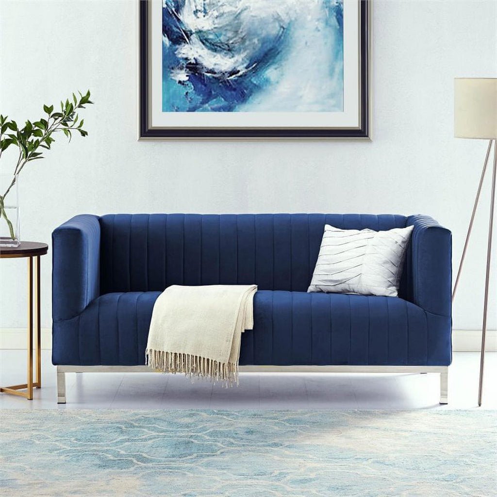Navy Blue Velvet Loveseat with Chrome Base V10671