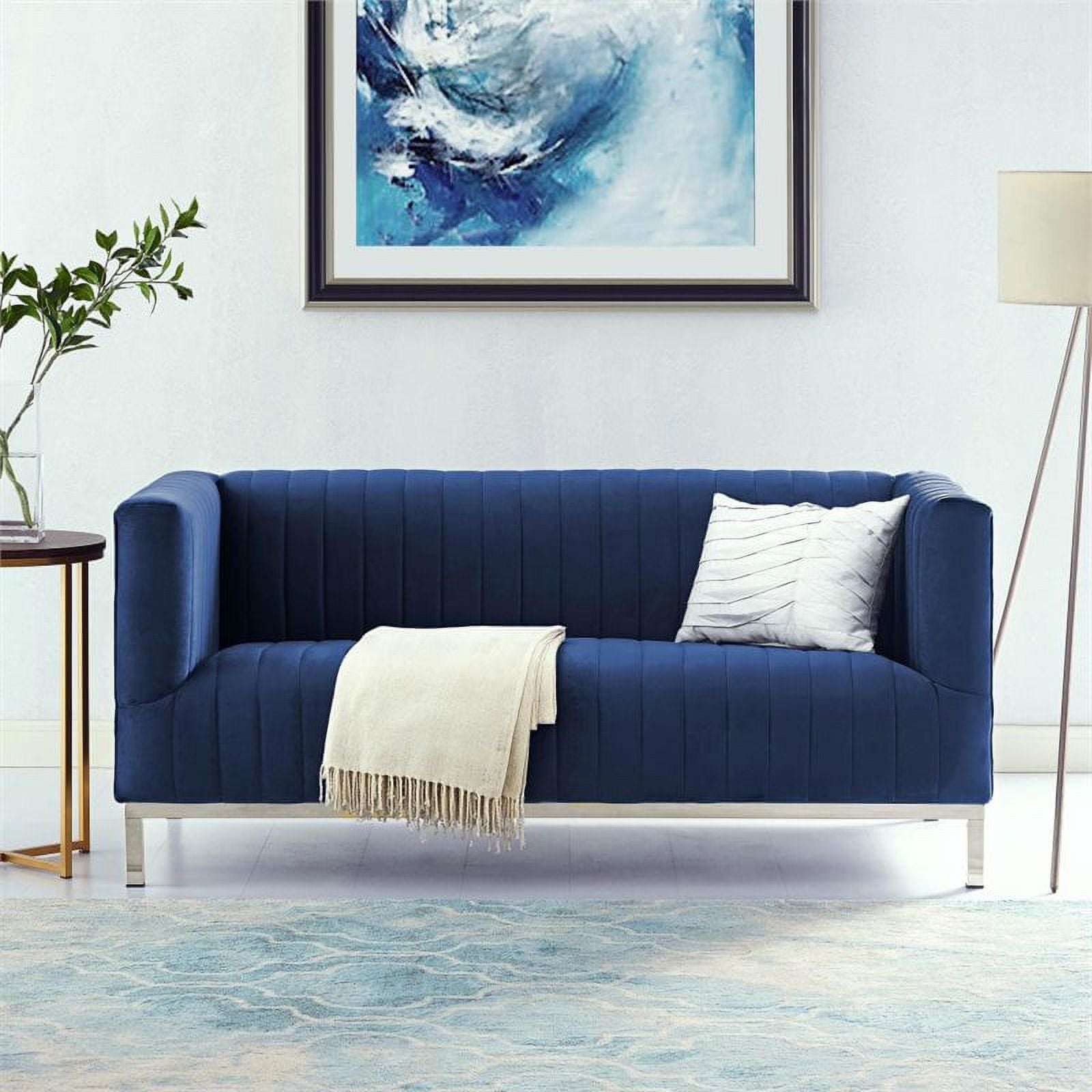 Navy Blue Velvet Loveseat with Chrome Base V10671