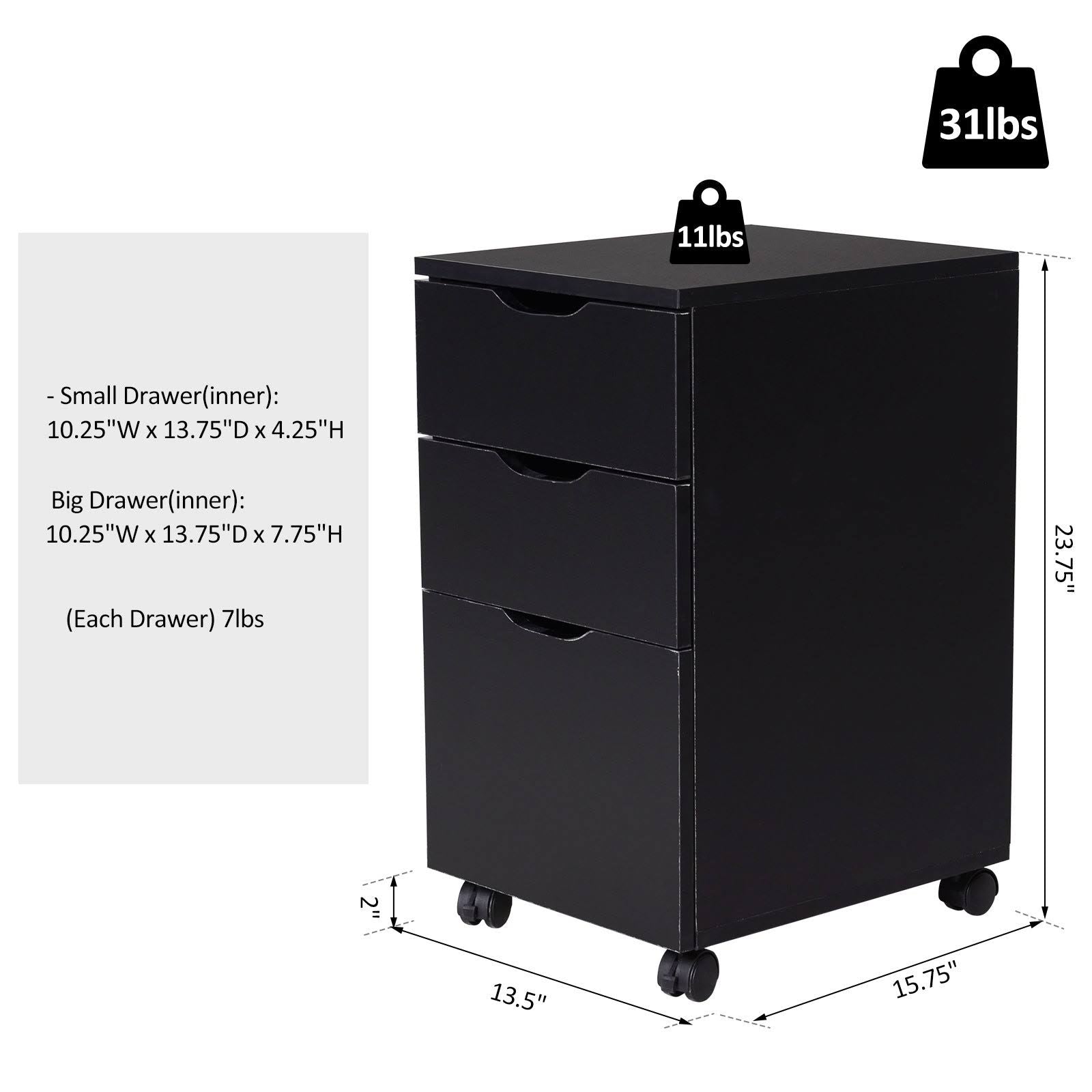 Black Wood Grain 3 Drawer Rolling File Cabinet G587516