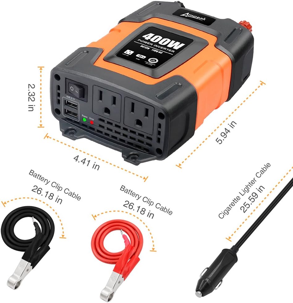400W Power Inverter 12v to 110v DC to AC 2 USB Charge Ports 2 Outlets Q5496