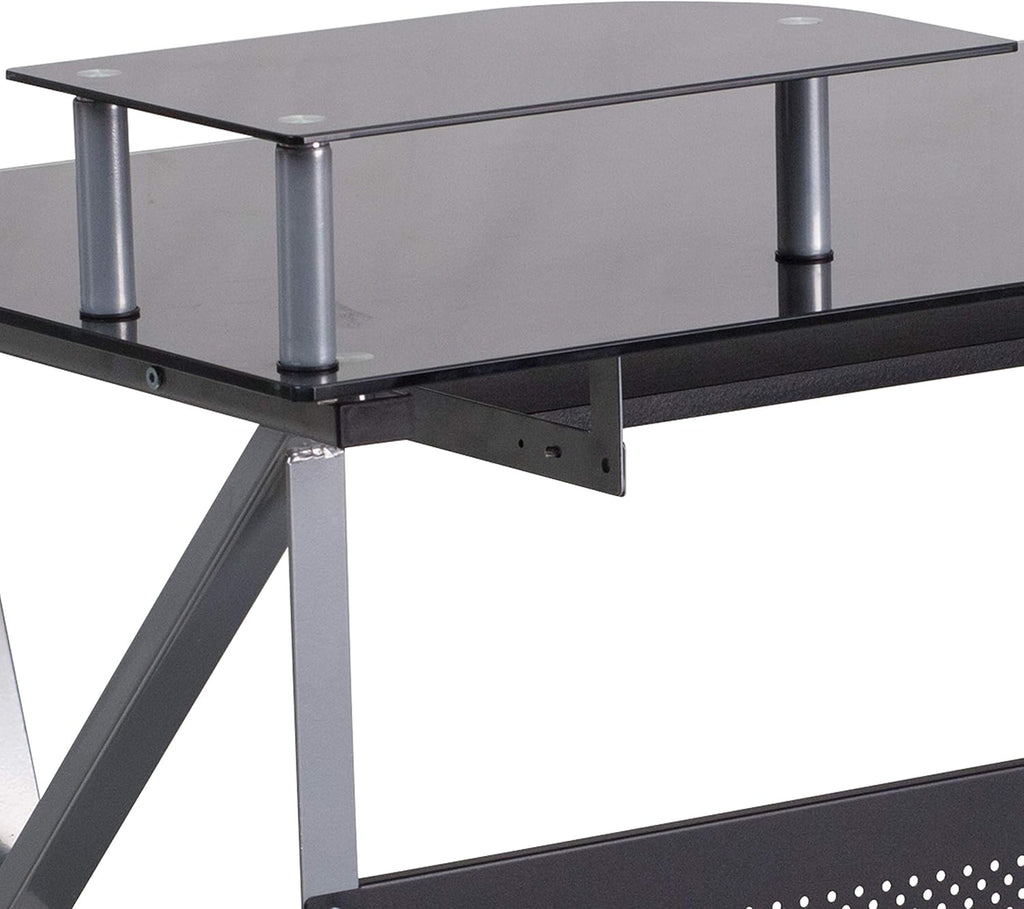 Black Glass Computer Desk with Keyboard Tray and CPU Cart R603532