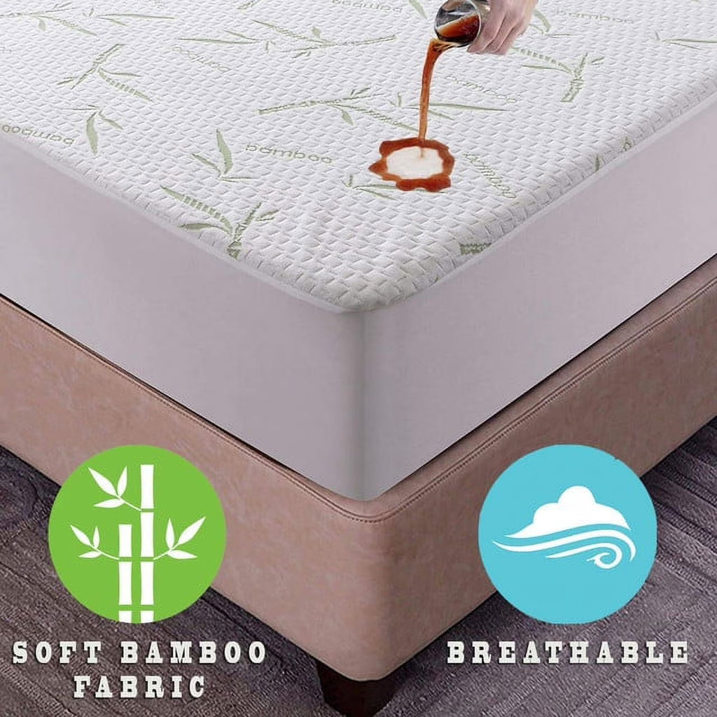 Twin Size Linen Bamboo Waterproof Mattress Protector with Cooling Fabric L5599