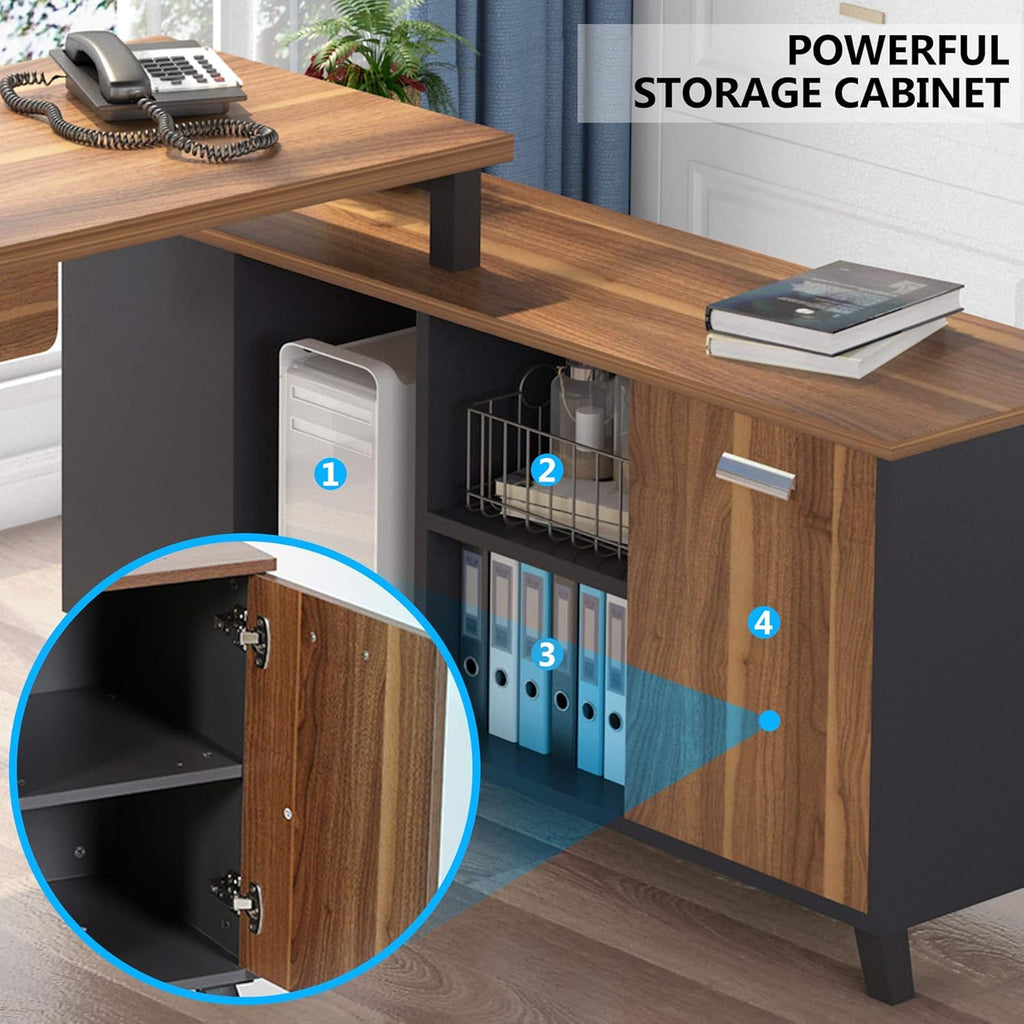 Large L-Shaped Desk with Storage and File Cabinet, Dark Walnut + Stainless Steel Legs E618375