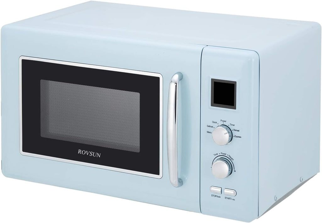 Retro Countertop Microwave Oven, 700W, 5 Micro Power, Glass Turntable, Viewing Window, Child Lock, Blue V319020