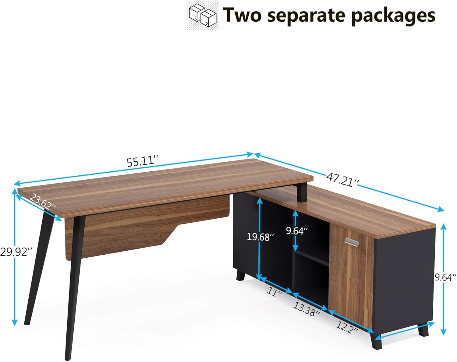 Large L-Shaped Desk with Storage and File Cabinet, Dark Walnut + Stainless Steel Legs E618375