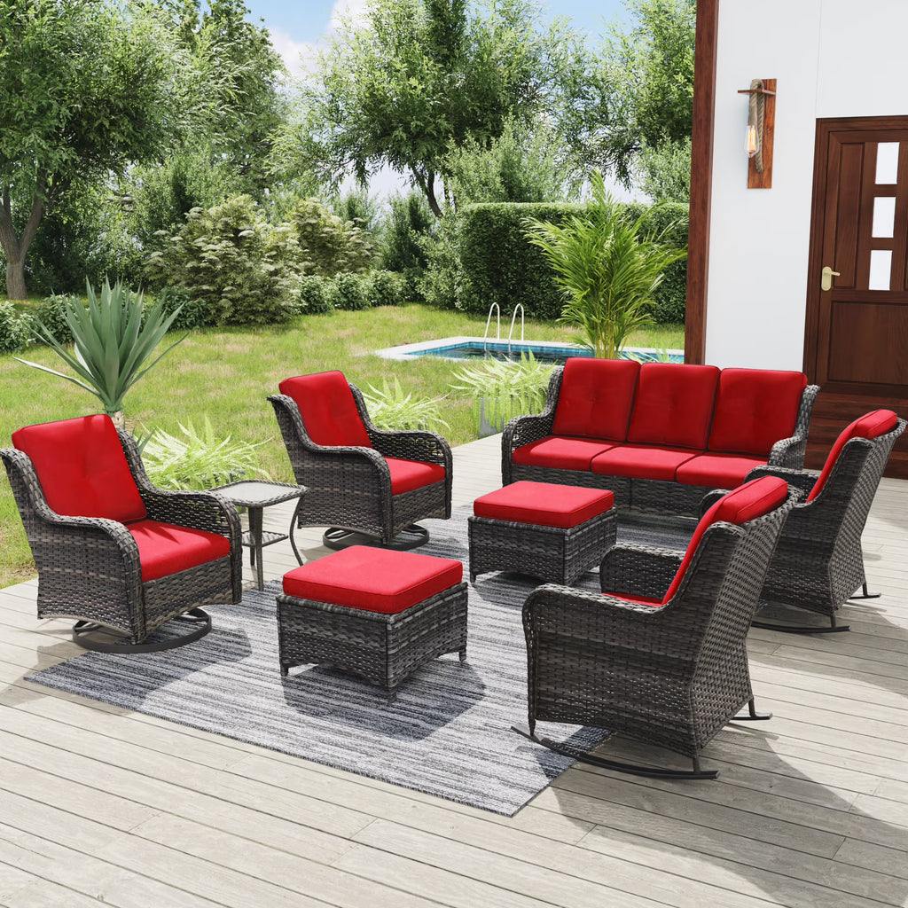 Red 8 Piece Patio Furniture Set with Sofa, Swivel Rocking Chairs, Ottomans, Side Table F839
