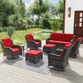 Red 8 Piece Patio Furniture Set with Sofa, Swivel Rocking Chairs, Ottomans, Side Table F839