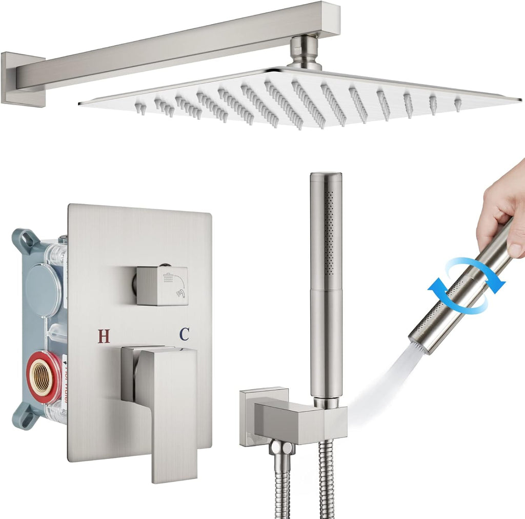 Chrome Polished 12 Inch Square Rainfall Shower System SUS304 Stainless Steel Shower Trim Kit 2 in 1 Handheld Shower with Rough-in Valve Q87665