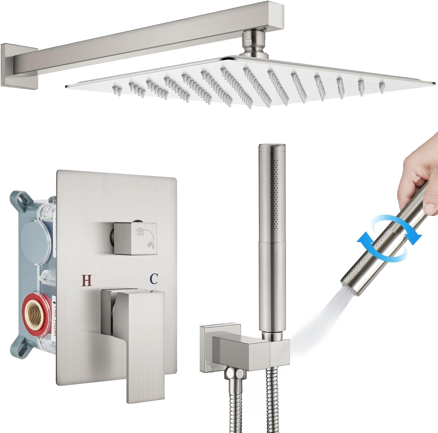 Chrome Polished 12 Inch Square Rainfall Shower System SUS304 Stainless Steel Shower Trim Kit 2 in 1 Handheld Shower with Rough-in Valve Q87665