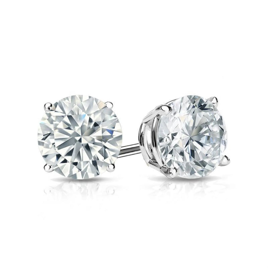 4 Prong 2 Carat Round Moissanite Solitaire Stud Earrings in 18K White Gold Plating Over Silver P535