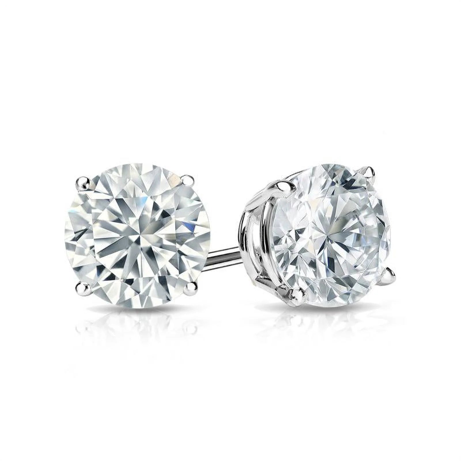 4 Prong 2 Carat Round Moissanite Solitaire Stud Earrings in 18K White Gold Plating Over Silver P535