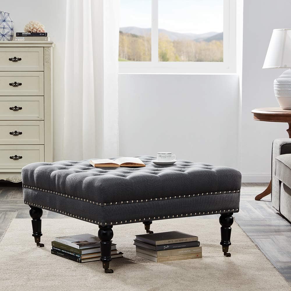 Gray Linen Ottoman with Caster Wheels B1010