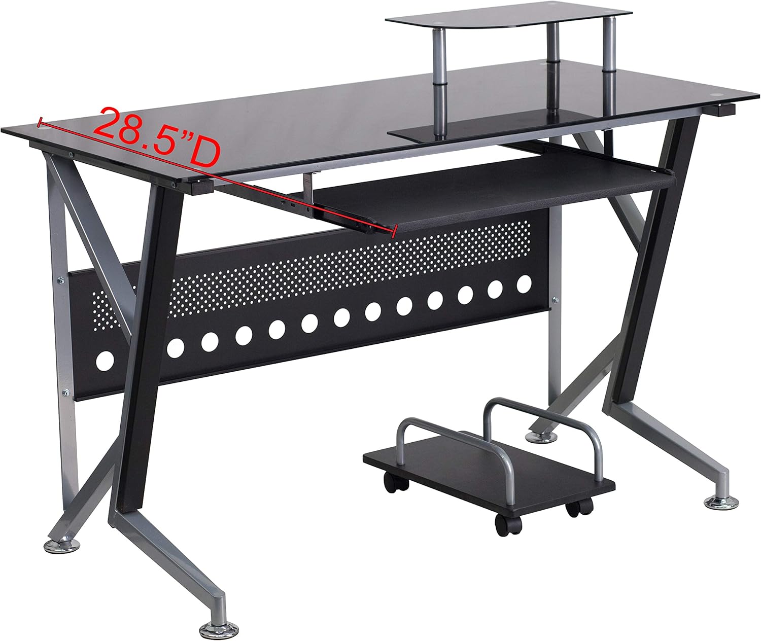 Black Glass Computer Desk with Keyboard Tray and CPU Cart R603532