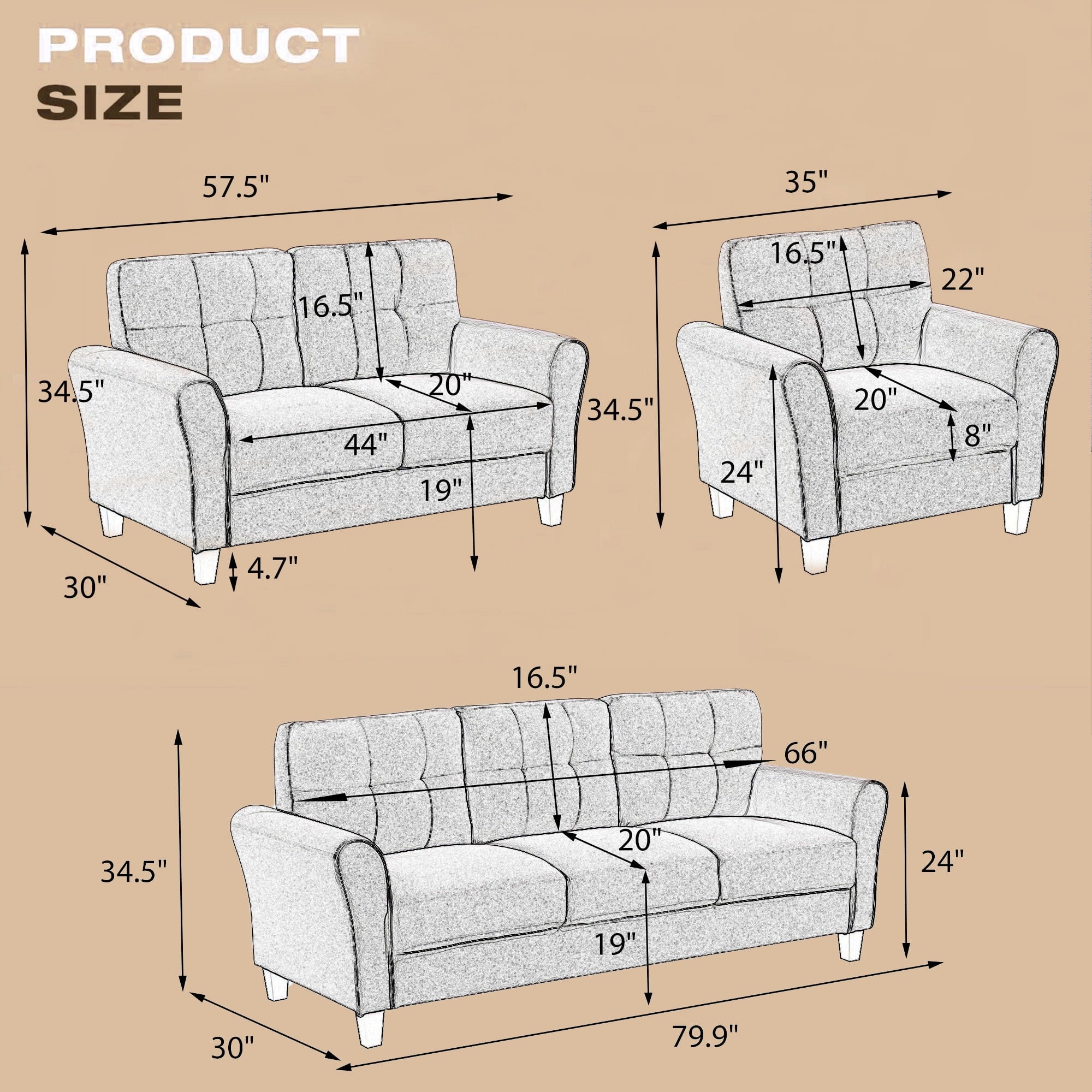Linen Upholstered Light Grey Sofa Set (2+3-Seat) I24852