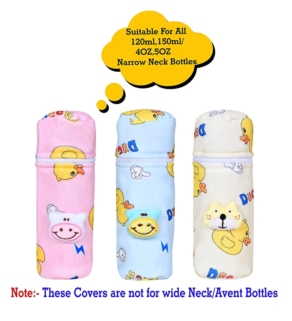 Soft Plush Stretchable Baby Feeding Bottle Cover Pack of 3 Multicolor X1414
