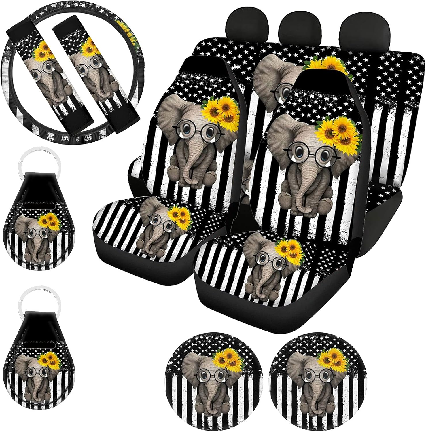 11 Pack Southwestern Car Seat Covers Full Set with Steering Wheel Cover, Seatbelt Covers, Cup Coasters Holder, Keychain Accessories F82219