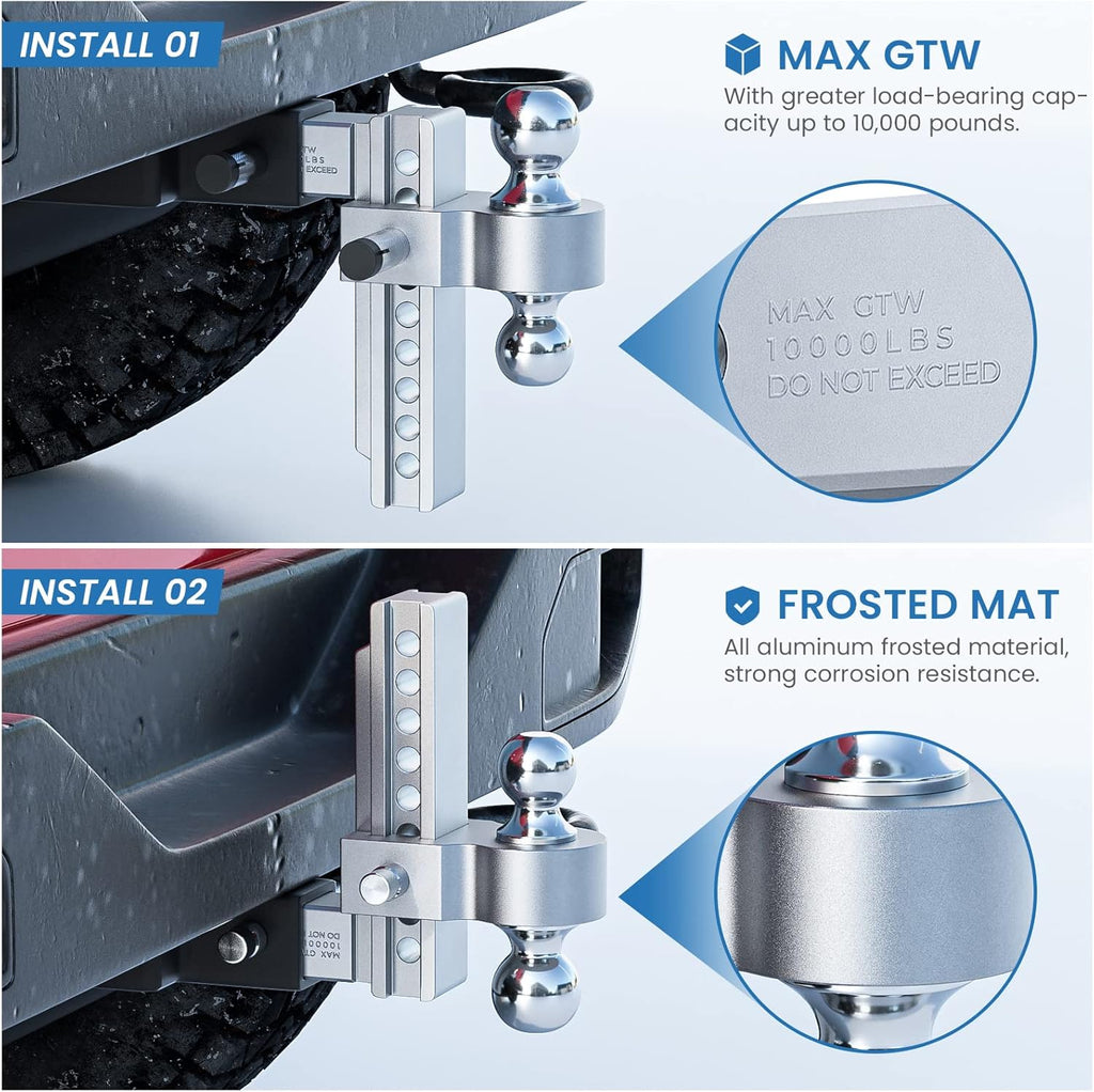 Adjustable Trailer Hitch Ball Mount, 2.5-Inch Receiver, 8-Inch Drop, 8-Inch Rise, Dual Towing Balls X30605