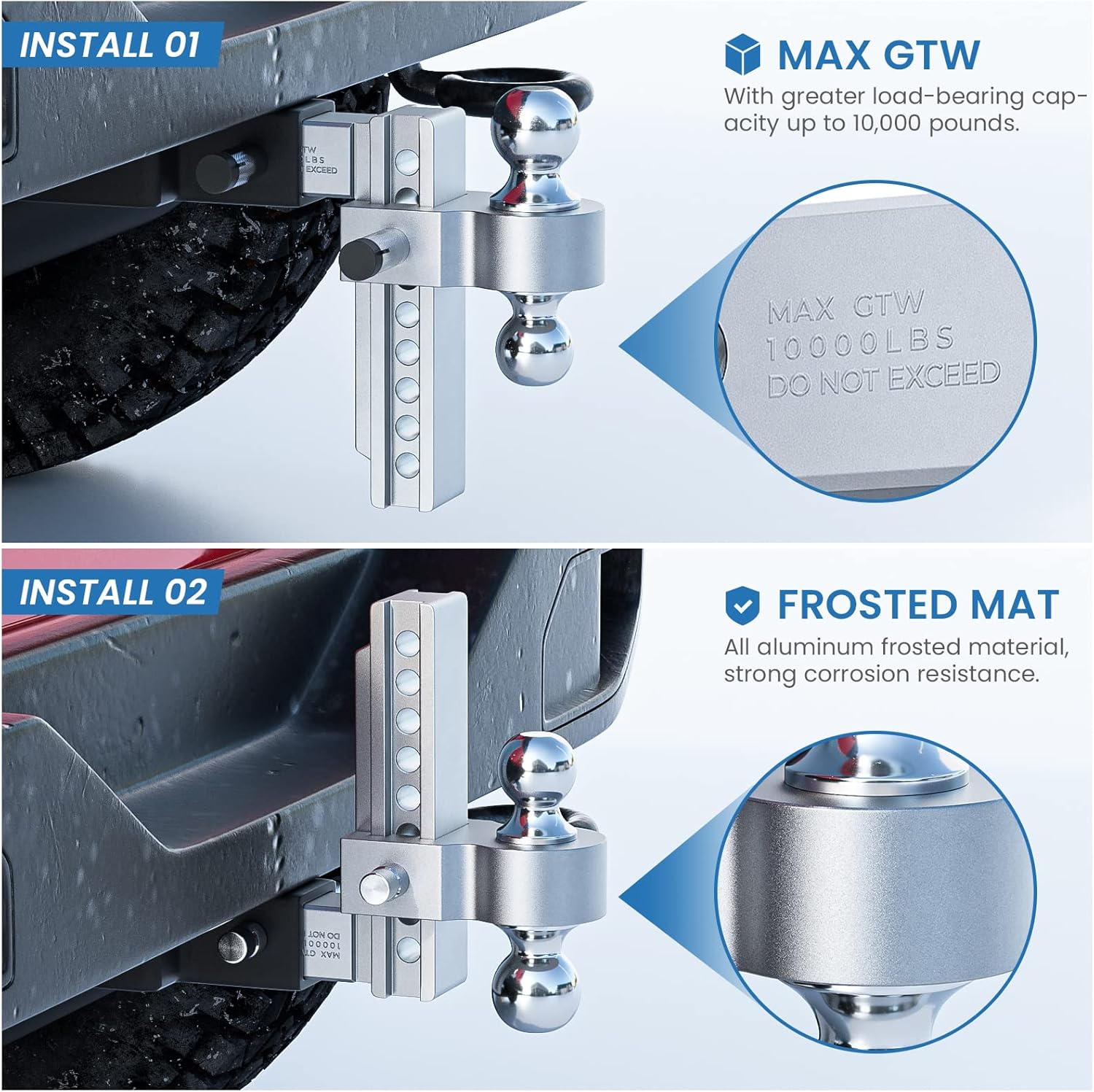 Adjustable Trailer Hitch Ball Mount, 2.5-Inch Receiver, 8-Inch Drop, 8-Inch Rise, Dual Towing Balls X30605