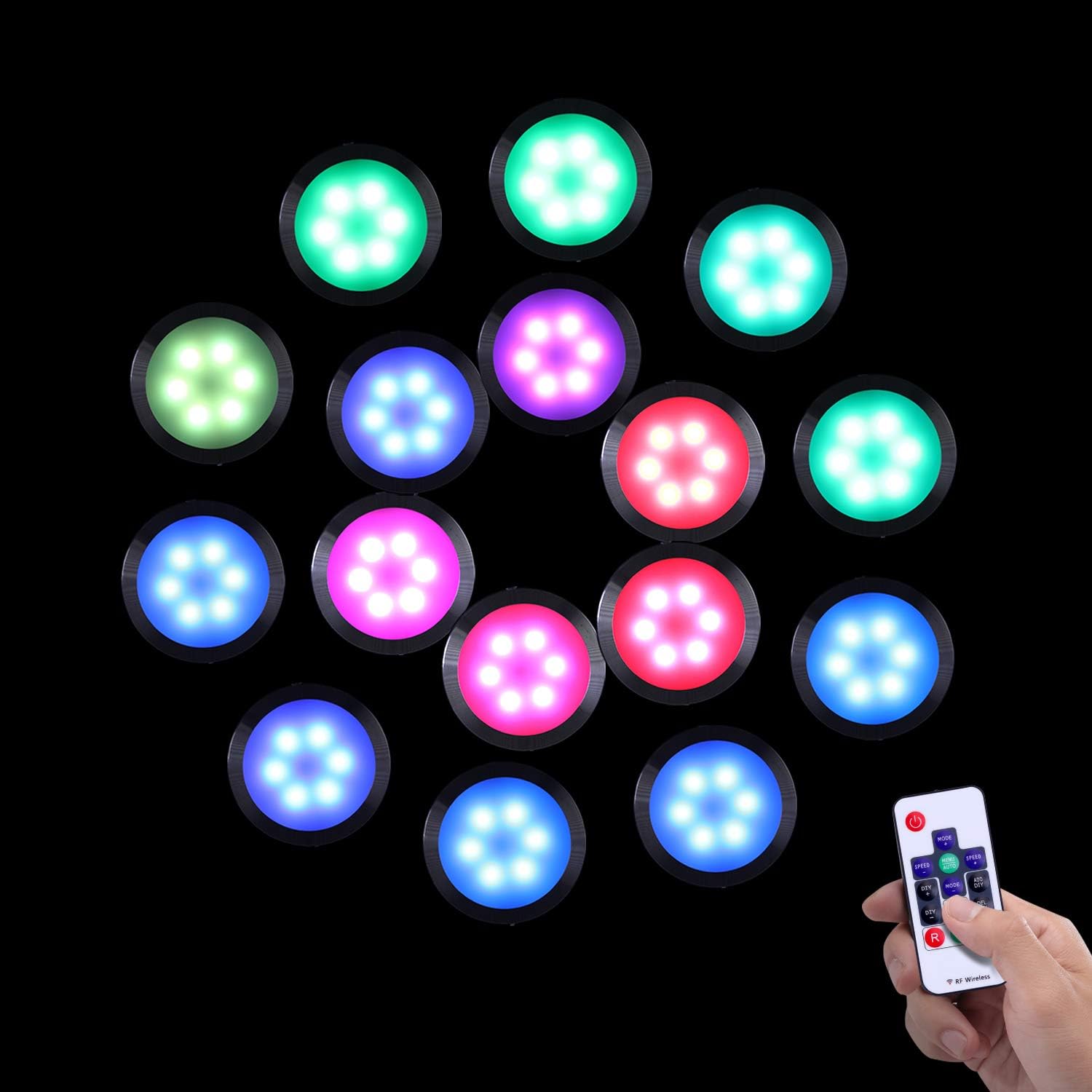16 Pack Linkable Dimmable RGB Under Cabinet Puck Lights Kit with Remote Control J67061
