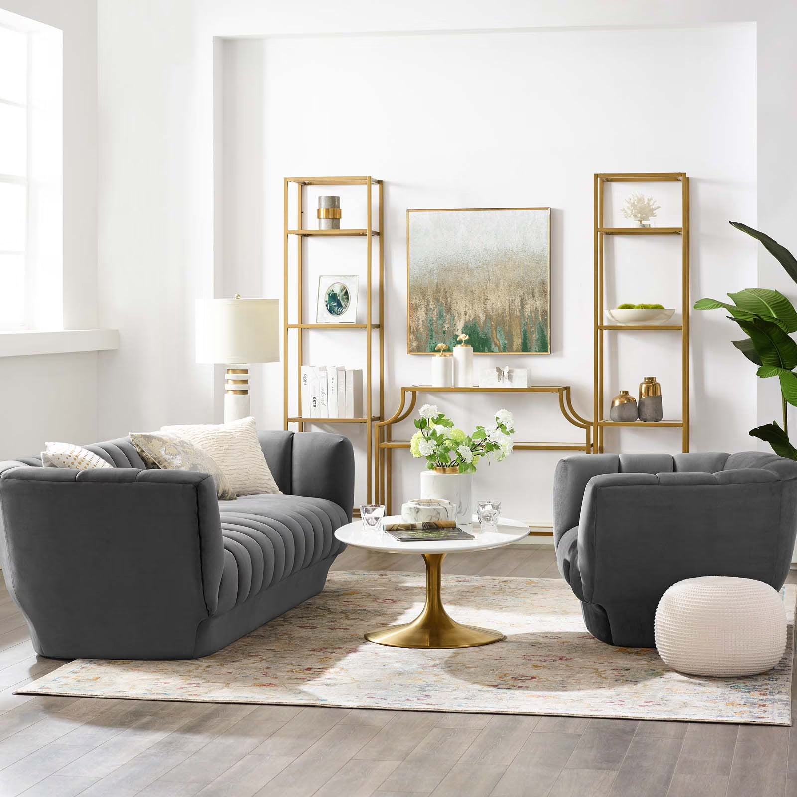 Gray Performance Velvet Sofa and Armchair Set J6456