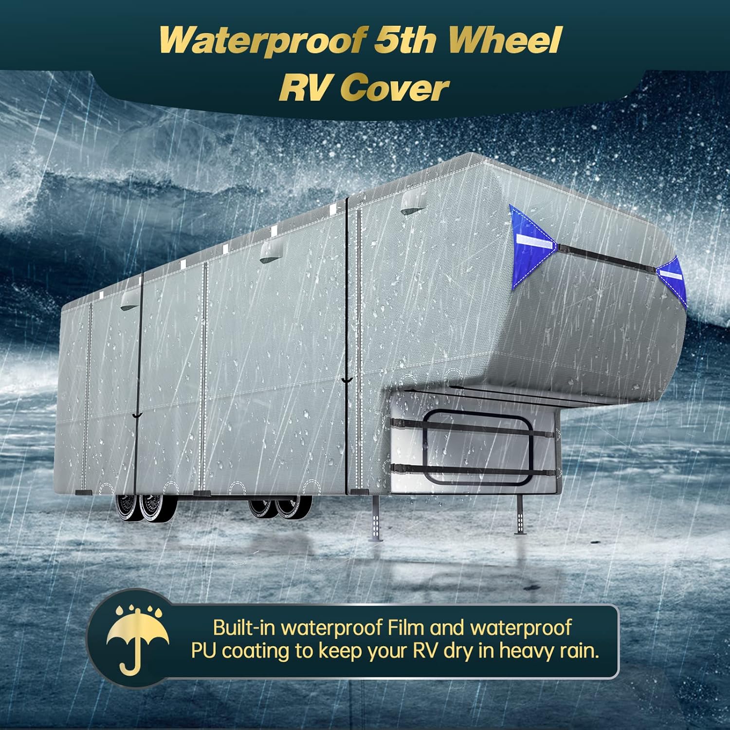 5th Wheel RV Cover with 4 Tire Covers & 2Pcs Extra Winproof Straps E94063