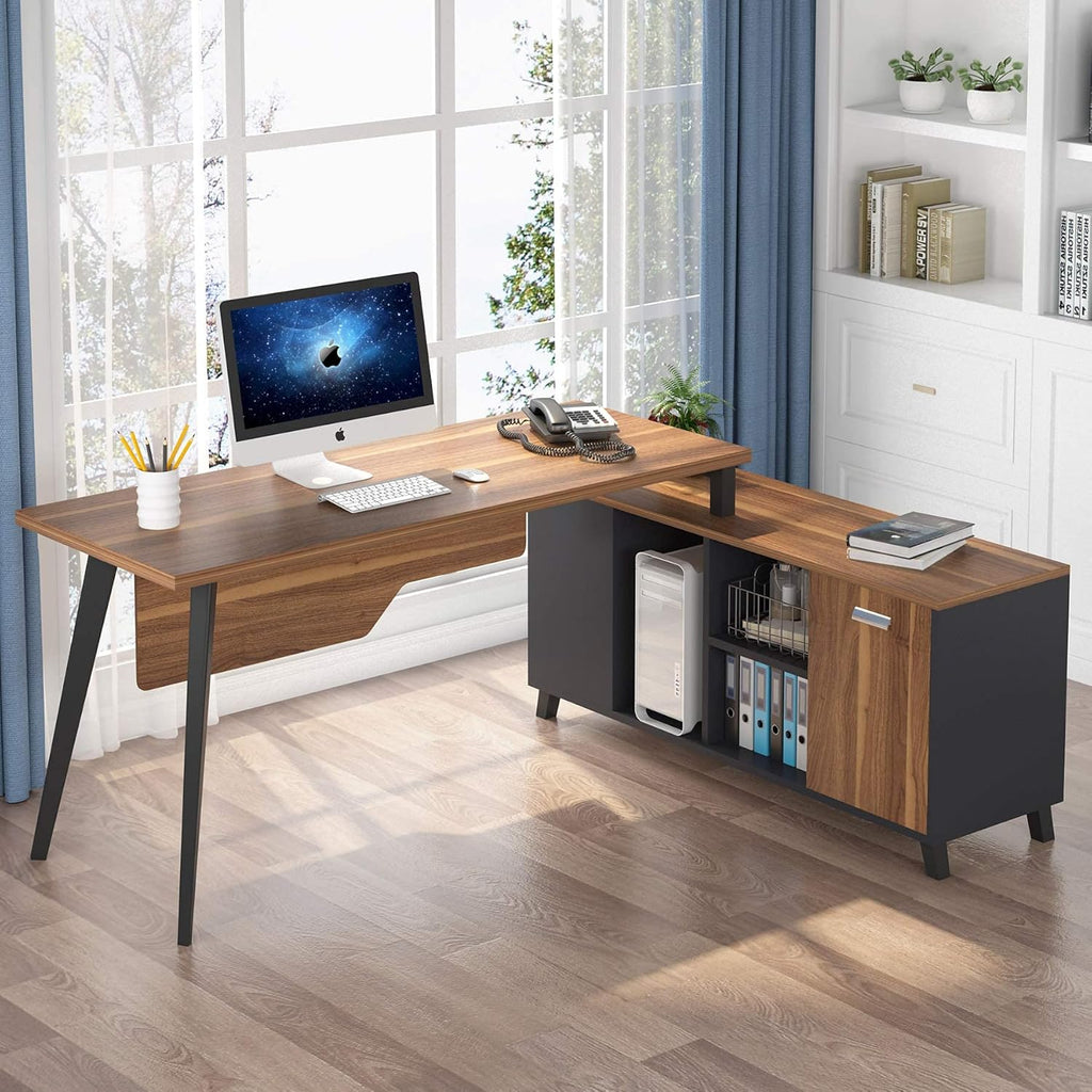 Large L-Shaped Desk with Storage and File Cabinet, Dark Walnut + Stainless Steel Legs E618375
