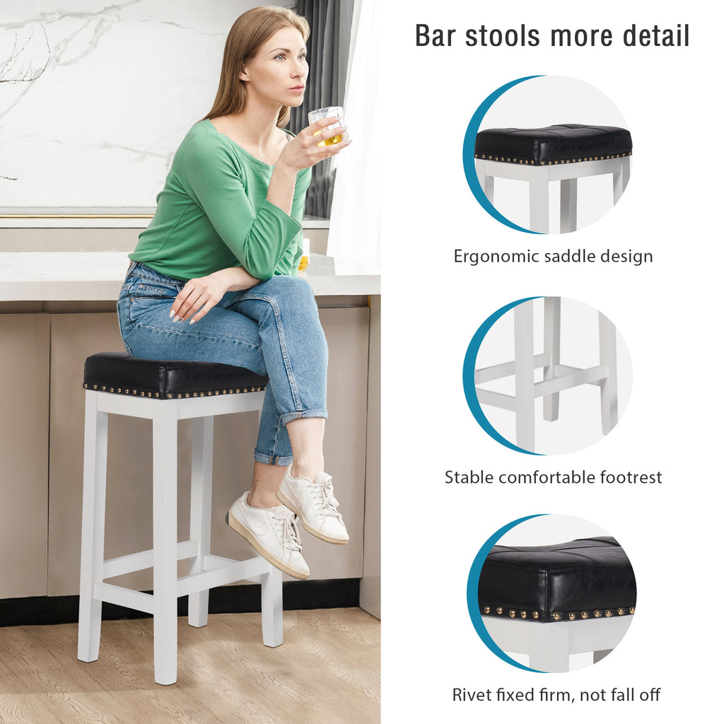 White 29 Inch PU Leather Bar Stools Set of 2 Solid Wooden Saddle Stool D75277
