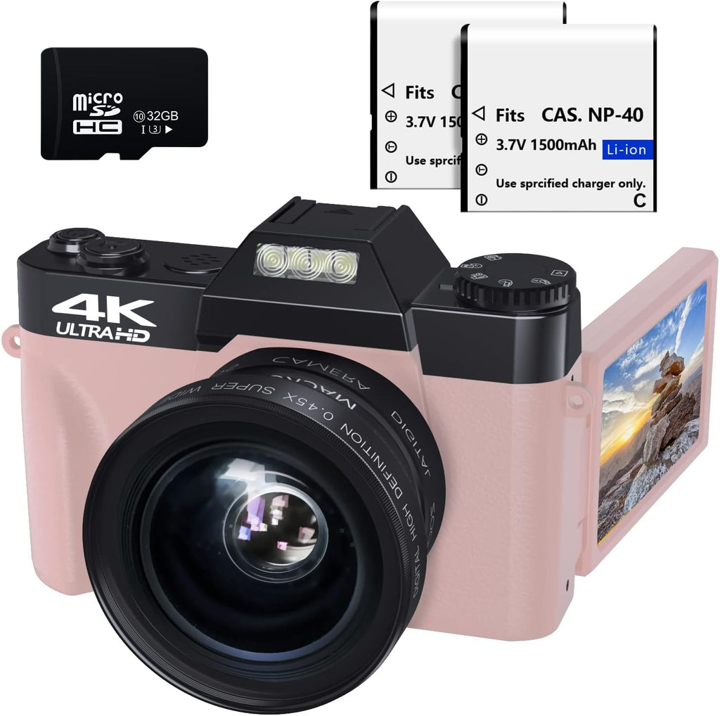 48MP 16X Digital Zoom Flip Screen Autofocus Camcorder with Wide-Angle Lens and Macro Lens, 32G Micro Card, 2 Batteries (Pink) R75219