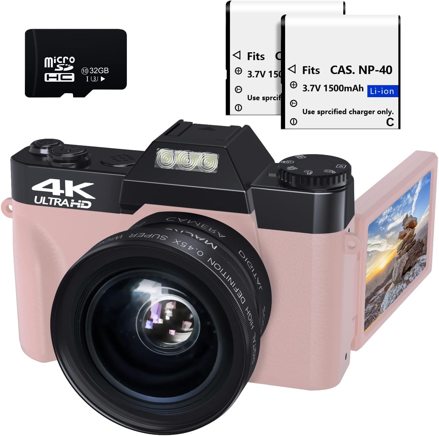 48MP 16X Digital Zoom Flip Screen Autofocus Camcorder with Wide-Angle Lens and Macro Lens, 32G Micro Card, 2 Batteries (Pink) R75219