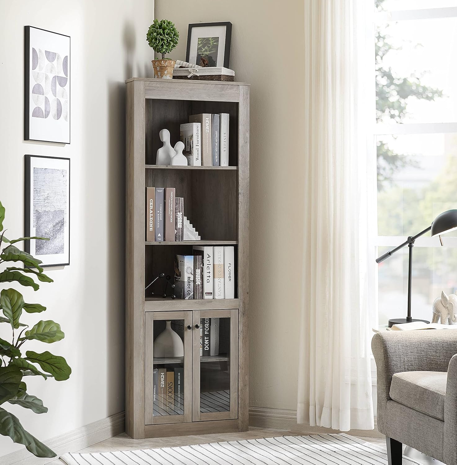 Stone Grey Bar Cabinet Bookshelf with Glass Doors C564