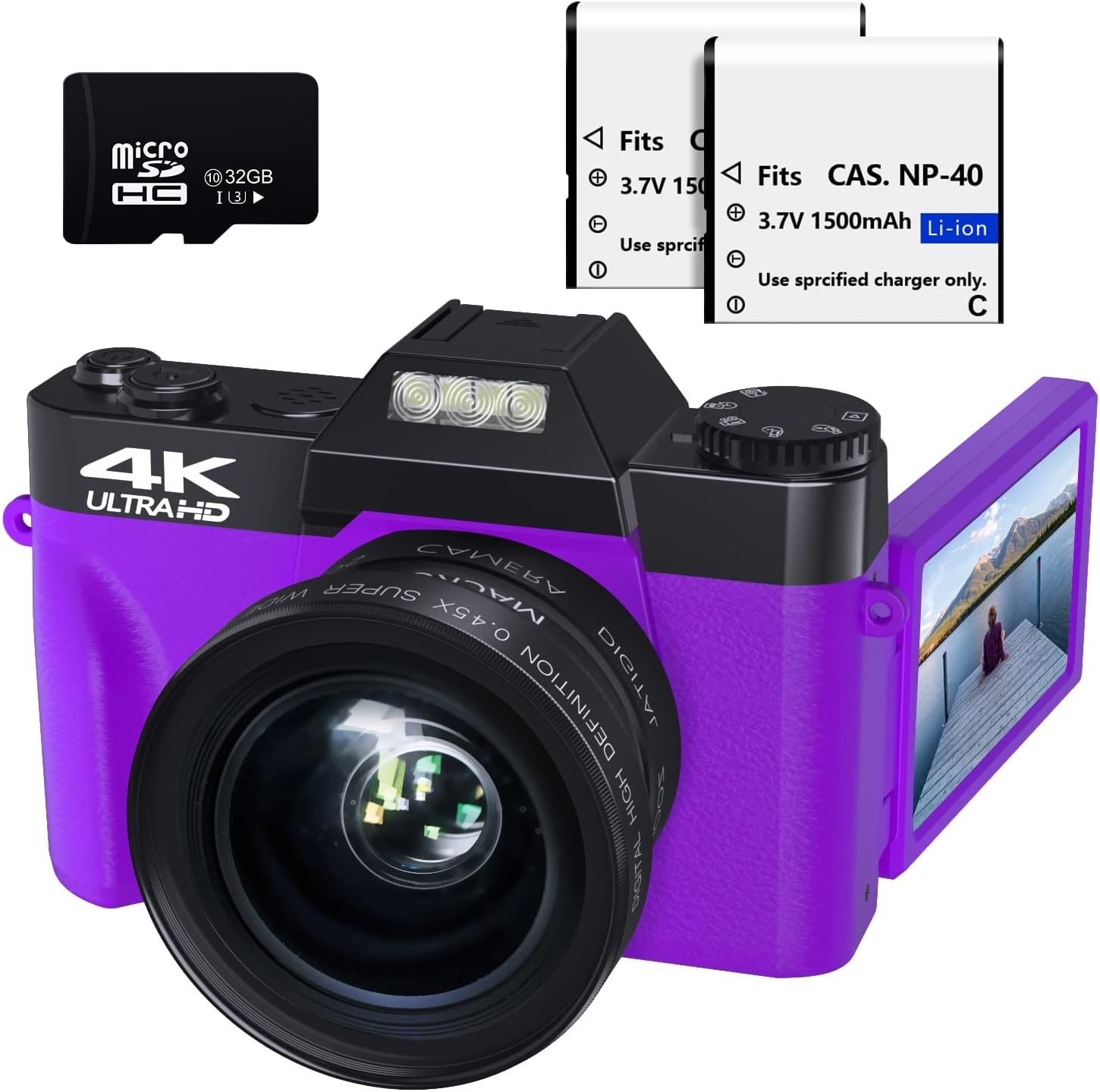 48MP 16X Digital Zoom Flip Screen Autofocus Camcorder with Wide-Angle Lens and Macro Lens, 32G Micro Card, 2 Batteries (Pink) R75219